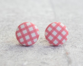Red Gingham Fabric Button Earrings