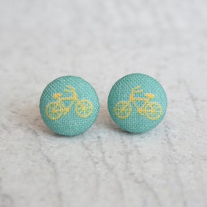 Teal Bikes Fabric Button Earrings