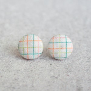 Summer Plaid, Fabric Covered Button Earrings