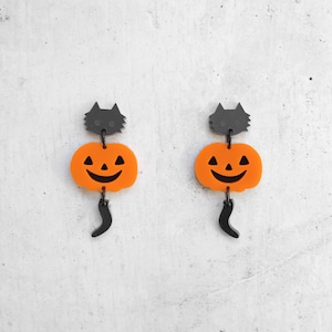 Black Cat Jack O Lantern Pumpkin Acrylic Earrings