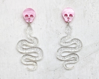 Skull and Snake Dangle Earrings Laser Cut Clear Glitter and Pink Swirl Acrylic