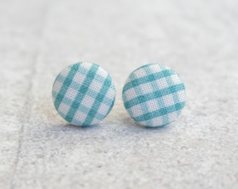 Blue Gingham Fabric Button Earrings