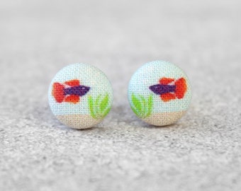 Beta Fish Fabric Button Earrings