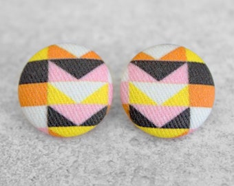 Bold 7/8 Inch Warm Mod Fabric Button Earrings Nickel-Free Titanium Posts