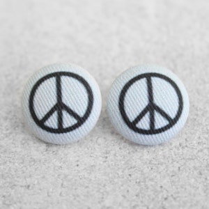 Bold 7/8 Inch Peace Sign Fabric Button Earrings Nickel-Free Titanium Posts