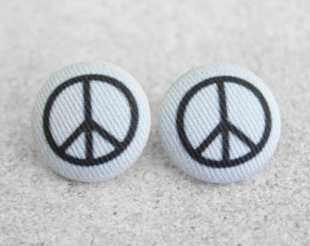 Bold 7/8 Inch Peace Sign Fabric Button Earrings Nickel-Free Titanium Posts