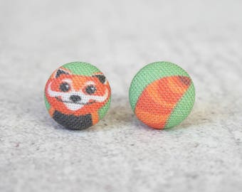 Red Panda Fabric Button Earrings