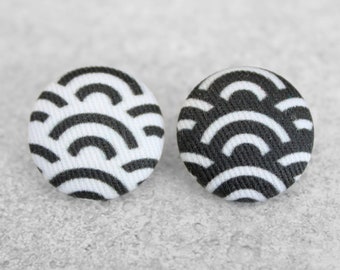 Bold 7/8 Inch Black and White Waves Fabric Button Earrings Nickel-Free Titanium Posts