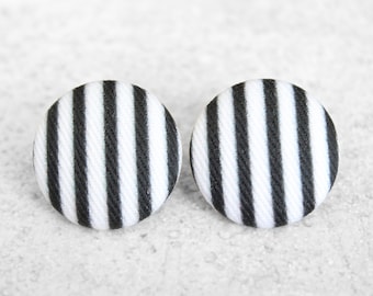 Bold 7/8 Inch Black and White Stripe Fabric Button Earrings Nickel-Free Titanium Posts