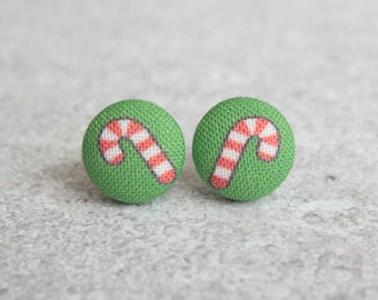 Candy Canes Fabric Button Earrings