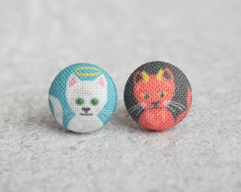 Good and Evil Kitties Fabric Button Earrings