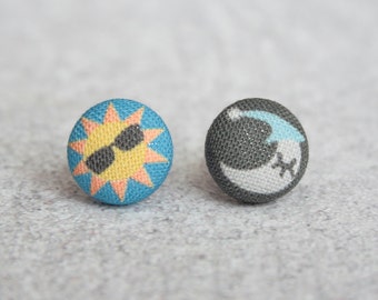 Sun and Moon Fabric Button Earrings