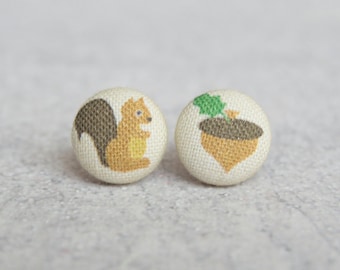 Squirrel and Acorn Fabric Button Earrings