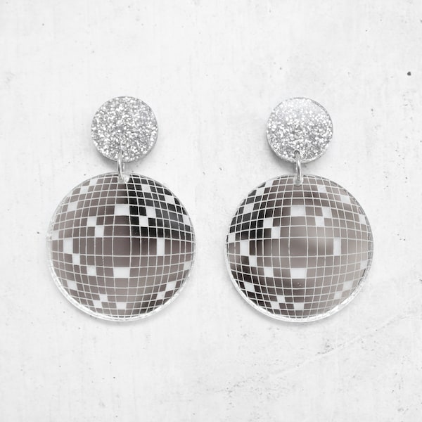 Disco Ball Laser Cut Acrylic Mirror Glitter Earrings Hypoallergenic Titanium Posts