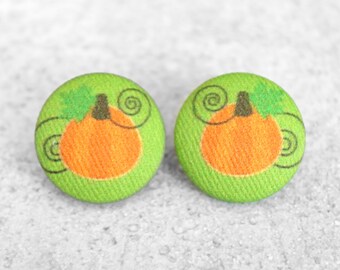 Bold 7/8 Inch Fall Pumpkin Fabric Button Earrings Nickel-Free Titanium Posts