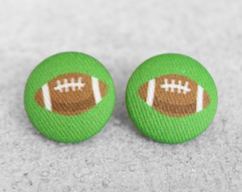 Bold 7/8 Inch Football Fabric Button Earrings Nickel-Free Titanium Posts