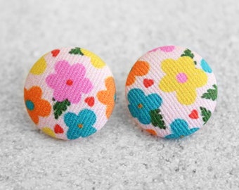 Bold 7/8 Inch Multicolor Flowers Fabric Button Earrings Nickel-Free Titanium Posts