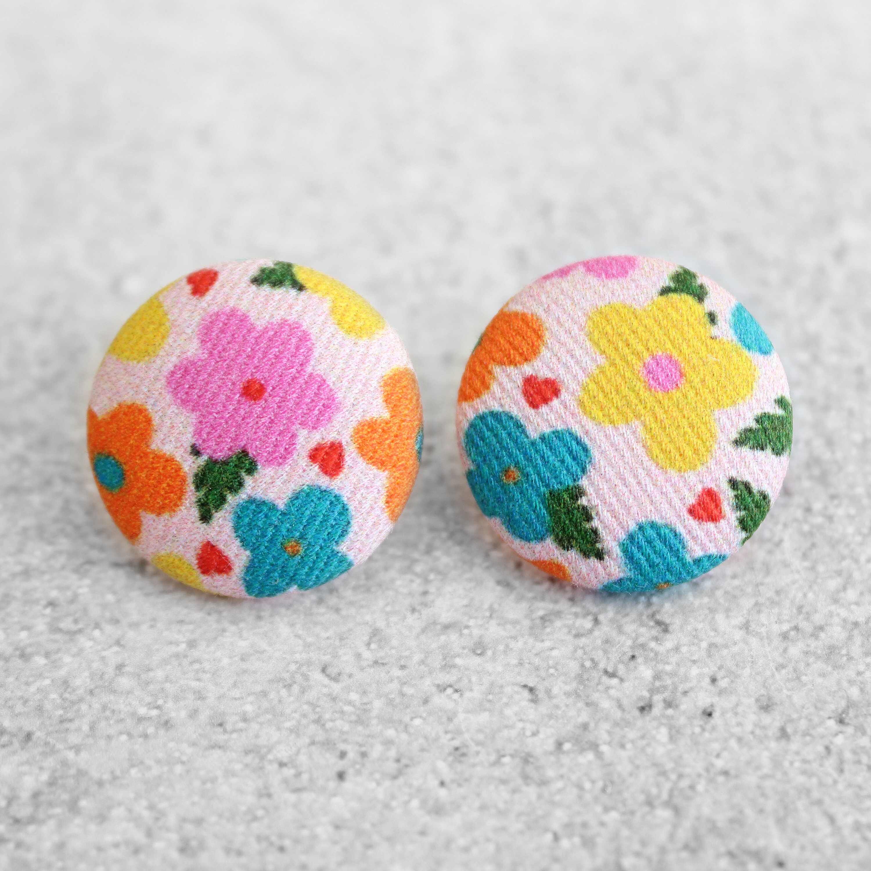 Bold 7/8 Inch Multicolor Flowers Fabric Button Earrings Nickel-Free Titanium Posts