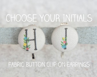 Choose Your Initials Fabric Button Clip On Earrings