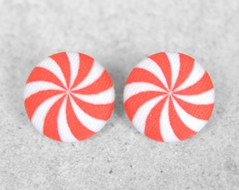 Bold 7/8 Inch Peppermint Christmas Earrings Fabric Button Earrings Nickel-Free Titanium Posts