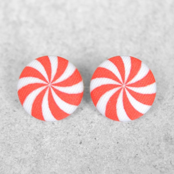 Bold 7/8 Inch Peppermint Christmas Earrings Fabric Button Earrings Nickel-Free Titanium Posts