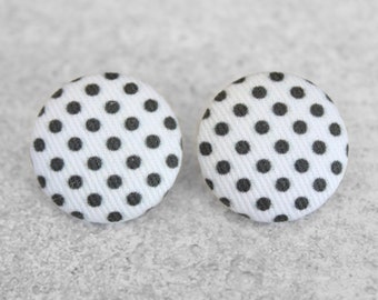 Bold 7/8 Inch Black and White Polka Dots Fabric Button Earrings Nickel-Free Titanium Posts