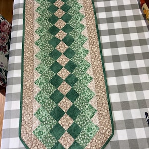 Quilted Patchwork Table Runner - Green and Beige