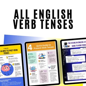 Pode incluir: Três tablets digitais exibindo conteúdo educacional sobre tempos verbais em inglês. Os tablets apresentam gráficos e texto coloridos, incluindo "All English Verb Tenses" e "Language Masters". As telas mostram guias e exercícios.