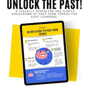 Op de afbeelding: Een kleurrijke digitale illustratie op een tabletscherm toont een snelle gids voor verleden tijden met vier regels. De illustratie toont een cartoonbrein met een snor en een vergrootglas. De tekst bevat voorbeelden van elke tijd.
