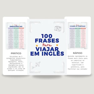 Pode incluir: Gráfico branco com o texto "100 Frases para viajar em inglês" em azul e amarelo. O gráfico é ladeado por dois outros gráficos com listas de frases. O gráfico inclui uma mala e uma ilustração de avião.