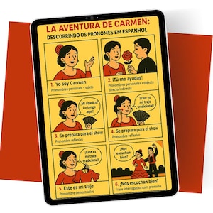 Könnte beinhalten: Eine farbenfrohe Illustration eines Tablet-Bildschirms, der eine spanische Sprachlernlektion zeigt. Die Lektion handelt von spanischen Pronomen und zeigt sechs verschiedene Beispiele mit Illustrationen von Menschen in traditioneller spanischer Kleidung. Der Text auf dem Bildschirm lautet "La Aventura de Carmen: Descubriendo os Pronomes em Espanhol" und "FÁCIL Y EFICAZ APRENDE ESPAÑOL VISUALMENTE CON ESTAS DESCARGAS DIGITALES." Am unteren Bildschirmrand steht "LANGUAGE MASTERS."