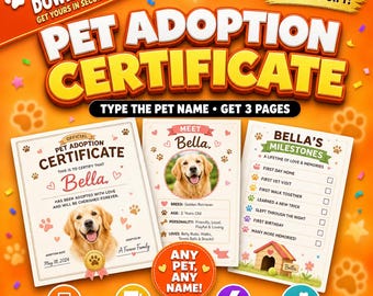 Instant Pet Adoption Certificate Generator | Personalized Certificate, Meet Card & Milestones PDF | Digital Download