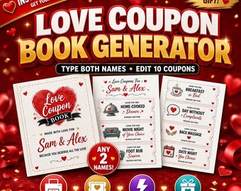 Instant Love Coupon Book Generator | Personalized Tear-Off Coupons PDF, Set of 10 | Digital Download Valentine's Gift