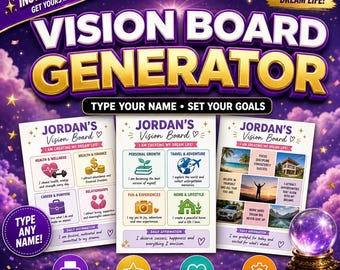 Puede incluir: Una plantilla de generador de tablero de visión digital con el texto VISION BOARD GENERATOR, TYPE YOUR NAME SET YOUR GOALS y JORDAN'S VISION BOARD. El diseño incluye secciones para objetivos de salud, finanzas y desarrollo personal.