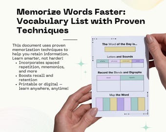 Constructor de vocabulario vibrante con técnicas de memorización inteligente: imprimible y digital. Desbloquea el poder de tus palabras.