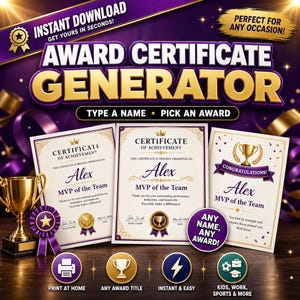Könnte beinhalten: Eine digitale Vorlage für einen Urkundengenerator mit drei verschiedenen Zertifikatsdesigns, goldenen Pokalsymbolen, violetten Schleifen und Texten wie "Award Certificate Generator", "Type a Name", "Pick an Award" und "Any Name, Any Award".