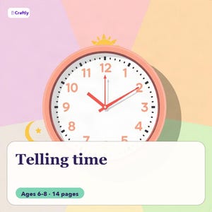 Pode incluir: Um relógio de parede redondo com moldura cor de pêssego, mostrador branco e números e ponteiros vermelhos. O relógio exibe o texto Telling time, Ages 6-8 e 14 pages. Um pequeno ícone de sol está no topo e uma lua crescente no canto inferior.