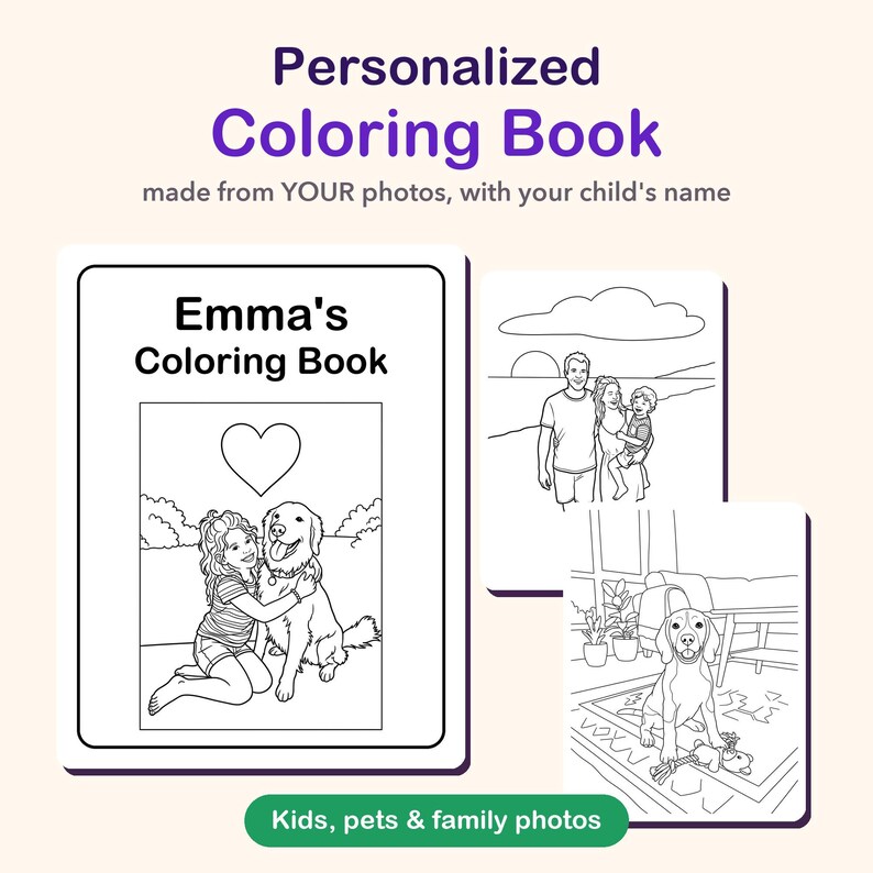 Libro para colorear personalizado a partir de tus fotos, páginas para colorear personalizadas para niños con nombre, regalo de página para colorear a partir de una foto, PDF imprimible imagen 1