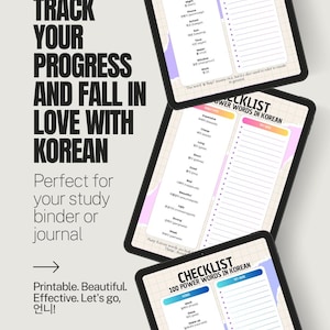 May include: Two printable checklists for learning Korean. The first checklist is titled "Power Words in Korean" and features a list of common words in Korean with space to check off each word as it is learned. The second checklist is titled "100 Power Words in Korean" and features a list of verbs in Korean with space to check off each verb as it is learned.