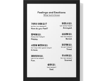 Korean Emotions Hangul Wall Art - Minimalist Printable Poster, Educational Feelings Chart, Korean Alphabet Home Decor