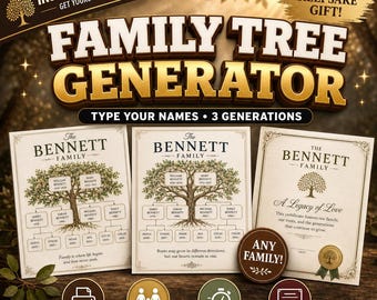Instant Family Tree Generator | Personalized Family Tree Poster + Keepsake Certificate PDF | 3 Generations, Digital Download
