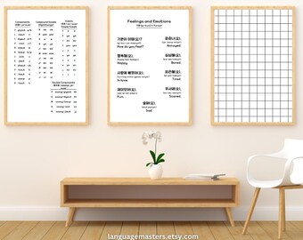 Korean Art of Emotions & Hangul – Printable Wall Art | Korean Alphabet + Emotions + Drawing Grid | Digital Posters Download