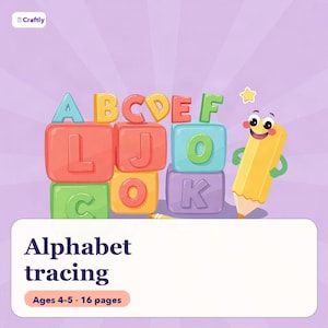 Pode incluir: Um gráfico educativo com blocos do alfabeto coloridos empilhados com as letras A a K visíveis. Um personagem de lápis amarelo sorridente está à direita. O texto diz Alphabet tracing, Ages 4-5, 16 pages em um fundo branco.