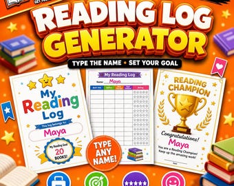 Gepersonaliseerd leeslogboek voor kinderen | Bewerkbare en printbare PDF-generator | Aangepaste leestracker, direct te downloaden