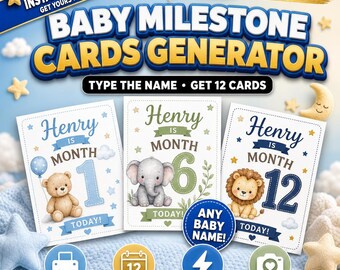 Personalized Baby Milestone Cards - Instant Download | Type Baby's Name, Get 12 Custom Monthly Cards PDF in Seconds