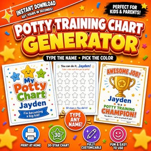 May include: A digital potty training chart generator featuring three printable templates with colorful star graphics, a gold trophy illustration, and text including My Potty Training Chart, You can do it, Jayden, and Awesome Job, Jayden is a Potty Training Champion.