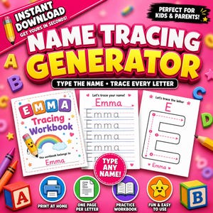 Pode incluir: Um conjunto de cadernos de exercícios digitais para traçar nomes, com três páginas brancas com texto em rosa e azul, o nome Emma, gráficos de arco-íris e guias de traçado de letras num fundo rosa brilhante com blocos alfabéticos.