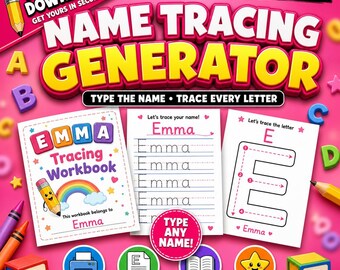 Generator voor gepersonaliseerde naamschrijfoefeningen | Aangepaste printbare PDF-tool voor elke naam | Schrijfoefeningen voor kinderen van 3-6 jaar