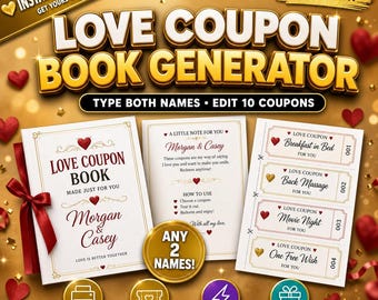 Custom Coupon Book Maker - Any Couple, Unlimited Uses | Instant Download Printable Love Coupons Generator