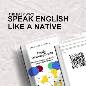 Pode incluir: Uma capa de livro com o título "Inglês Descomplicado". A capa apresenta uma ilustração de desenho animado de pessoas falando em balões de fala. O texto na capa diz "Domine Conversas Reais e Conquiste o Mundo!"